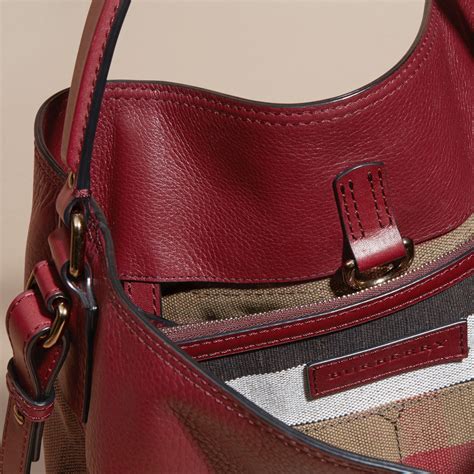 burberry medium ashby canvas check leather bag burgundy red|BURBERRY Canvas Mega Check Medium Ashby Bucket Bag .